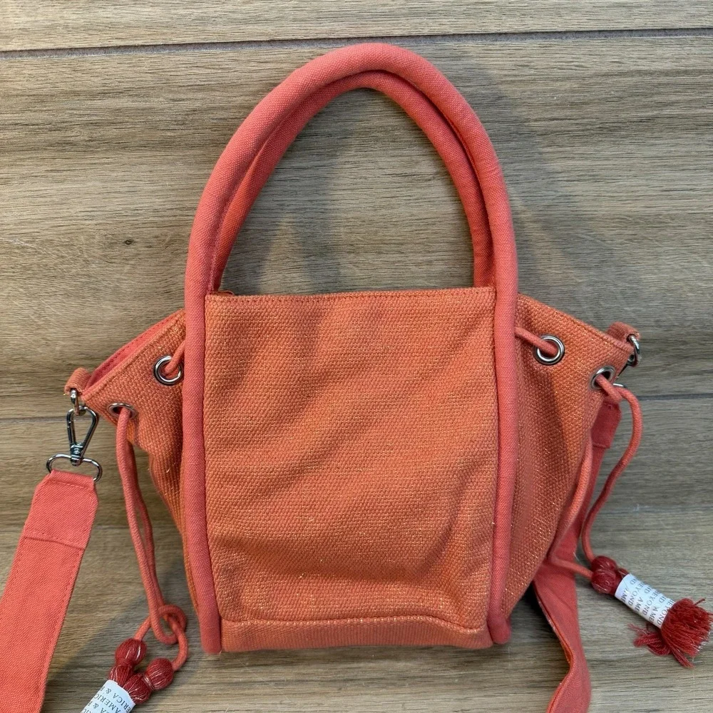NWT‎ America & Beyond Canvas Beaded Mini Tote Crossbody Orange Gold Boho